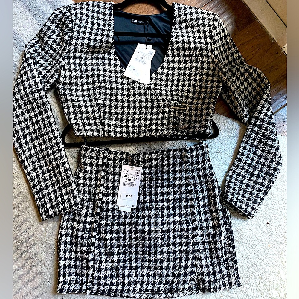 NWT Zara cropped tweed houndstooth blazer size L